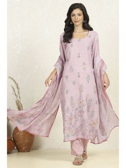 Biba - Women Lavender Linen Unstitched Kurta with Bottom and Dupatta (Set of 3)