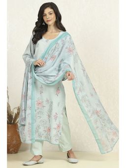 Biba - Women Sea Green Linen Unstitched Kurta with Bottom and Dupatta (Set of 3)