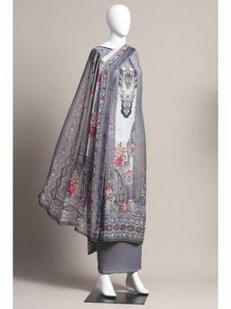 Biba - Women Grey Muslin Unstitched Kurta with Bottom and Dupatta (Set of 3)