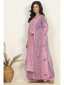 Biba - Women Pink Cotton Unstitched Kurta with Bottom and Dupatta (Set of 3)