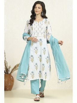 Biba - Women Blue and White Cotton Unstitched Kurta with Bottom and Dupatta (Set of 3)
