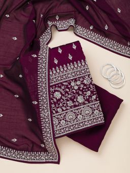 Koskii - Wine Zari Work Soft Raw Silk Unstitched Kurta with Bottom and Dupatta (Set of 3)