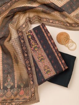 Koskii - Black Printed Chanderi Unstitched Kurta with Bottom and Dupatta (Set of 3)