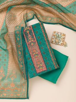 Koskii - Peacock Green Printed Chanderi Unstitched Kurta with Bottom and Dupatta (Set of 3)