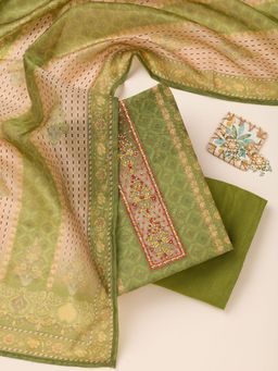 Koskii - Pista Green Printed Chanderi Unstitched Kurta with Bottom and Dupatta (Set of 3)