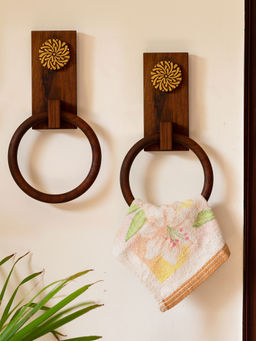ExclusiveLane - Floral Block Hand Carved Towel Ring Holder In Sheesham Wood (Set of 2)