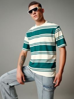 Bewakoof - Men's White & Green Striped Oversized T-shirt