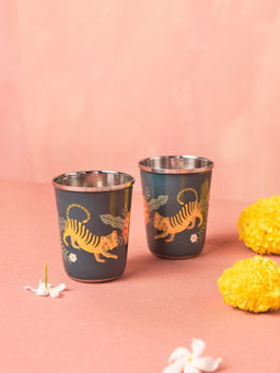 Chumbak - Blue Marigold Steel Tumblers (Pack of 2)