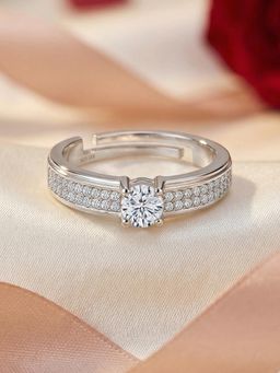 Ornate Jewels - 925 Silver 1 Carat American Diamond Solitaire Adjustable Ring For Women & Girls