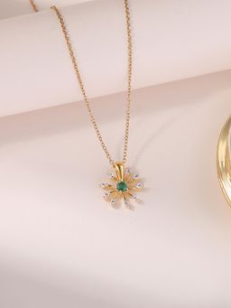 Ornate Jewels - 925 Silver 18K Gold Plated Natural Emerald Floral Pendant with Chain for Women & Girls