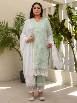 Juniper - The Rooh Mint Ethnic Printed Pure Plus Size Kurta and Palazzo with Dupatta (Set of 3)