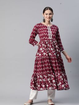 Vbuyz - Womens Floral Print & Lace Work Anarkali Cotton Dark Pink Stitched Kurta