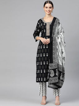 Readiprint - Straight Style Cotton Black & White Kurta and Pant with Dupatta (Set of 3)