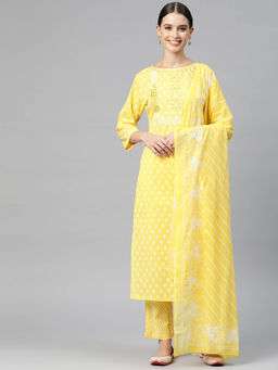 Readiprint - Straight Style Cotton Fabric Yellow Kurta & Pant with Dupatta (Set of 3)