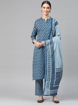 Readiprint - Straight Style Cotton Fabric Navy Kurta with Pant & Dupatta (Set of 3)