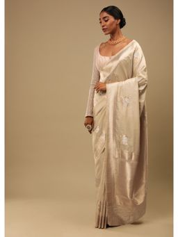 KALKI FASHION - Beige Saree In Art Handloom Silk Golden & Silver Floral Buttis with Unstitched Blouse