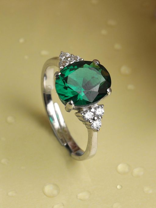 CLARA 925 Silver Rhodium Plated Swiss Zirconia Dark Green Oval Adjustable Ring For Women & Girls