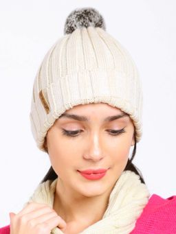 Bharatasya - Ultra Soft Ribbed Pom-Pom Winter Cap for Women Off White
