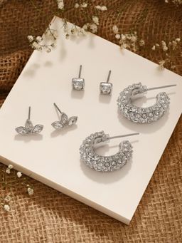 Accessorize London - Silver Pave Hoop & Stud Earrings (Pack of 3)