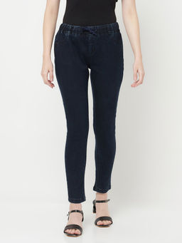 CRIMSOUNE CLUB - Women Navy Blue Solid Denim Joggers
