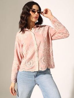 SHOWOFF - Pink Floral Embroidered Pink Relaxed Fit Button-Down Shirt