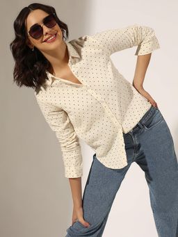 SHOWOFF - Cream Polka Dot Casual Button-Down Shirt