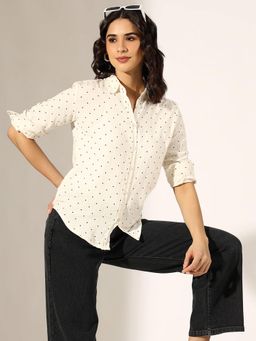 SHOWOFF - White Polka Dot Casual Button Down Shirt