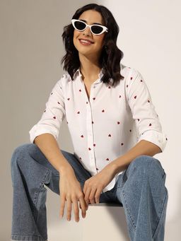 SHOWOFF - Heart Print White Button Down Shirt