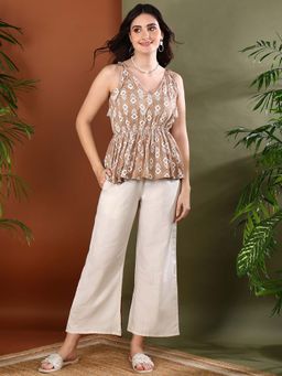 Stylum - Women Beige Printed Top with Pant (Set of 2)