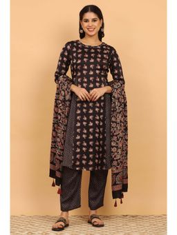 Folksong - Black Floral Kurta with Pant and Dupatta (Set Of 3)