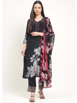 Zari Jaipur - Women Black Floral Kurta with Pant and Dupatta (Set of 3)