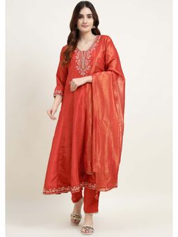 Zari Jaipur - Women Orange Embroidered Kurta with Pant and Dupatta (Set of 3)