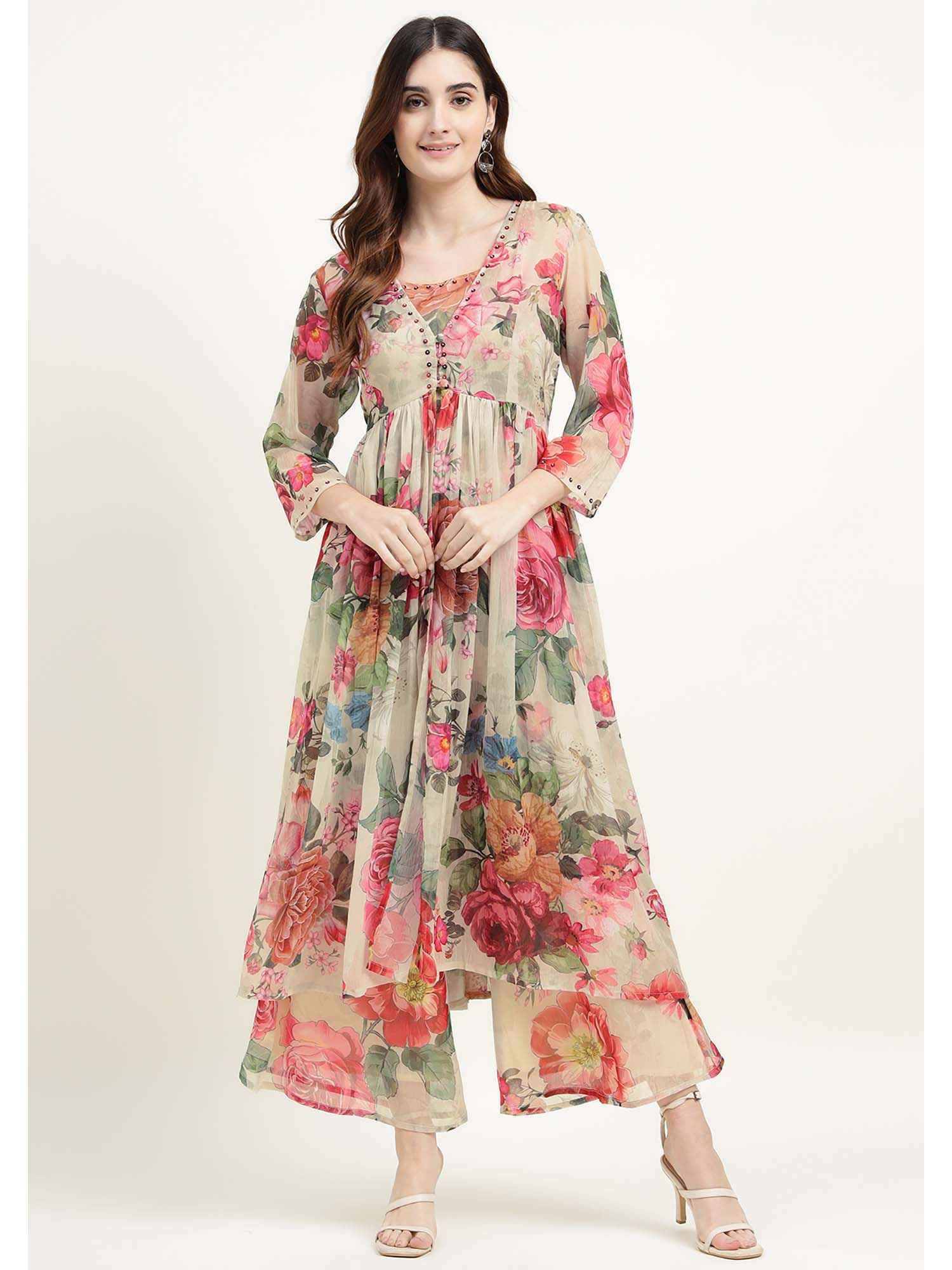 zari jaipur Women Brown Floral Top with Pant and Shrug (Set of 3)-picture-10