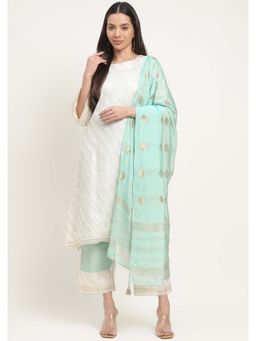 Zari Jaipur - Women White Self Design Kurta with Pant and Dupatta (Set of 3)