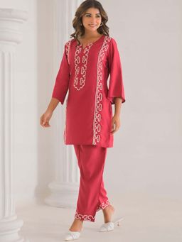Autumnlane - Women Pink Self Design Kurta with Pant (Set of 2)