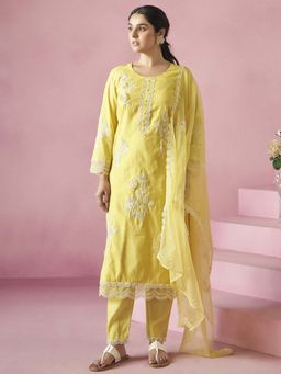 Autumnlane - Women Yellow Embroidered Kurta with Pant and Dupatta (Set of 3)