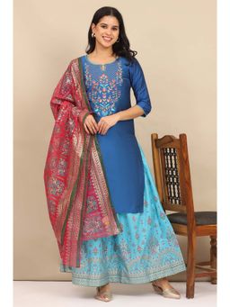 Aurelia - Women Blue Floral Kurta with Skirt and Dupatta (Set of 3)