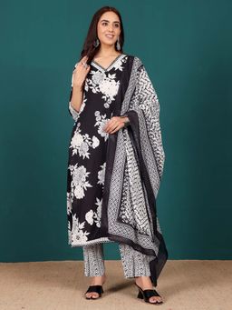 Varanga - Women Black Floral Kurta with Pant and Dupatta (Set of 3)