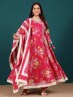 Varanga - Women Pink Floral Anarkali Kurta with Pant and Dupatta (Set of 3)