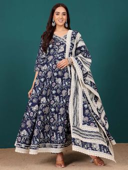 Varanga - Women Navy Blue Floral Anarkali Kurta with Pant and Dupatta (Set of 3)