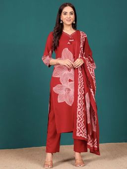 Varanga - Women Red Floral Kurta with Pant and Dupatta (Set of 3)