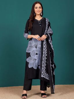 Varanga - Women Black Floral Kurta with Pant and Dupatta (Set of 3)