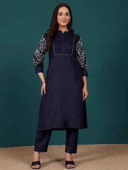 Varanga - Women Navy Blue Embroidered Kurta with Pant (Set of 2)