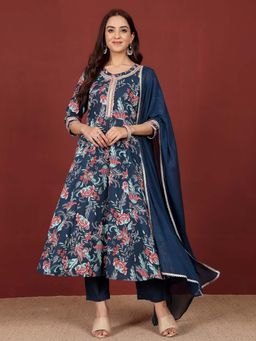 Varanga - Women Navy Blue Floral Kurta with Pant and Dupatta (Set of 3)