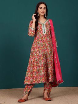 Varanga - Women Pink Floral Kurta with Dhoti and Dupatta (Set of 3)