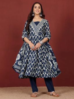 Varanga - Women Blue Floral Anarkali Kurta with Pant and Dupatta (Set of 3)