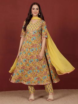 Varanga - Women Yellow Floral Anarkali Kurta with Pant and Dupatta (Set of 3)