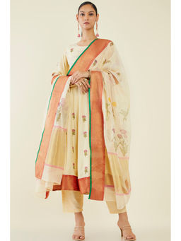 Soch - Women Beige Cotton Embroidered Suit (Set of 3)