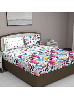 GM - Purple And Blue Floral 180 Tc Cotton Queen Bedsheet With 2 Pillow Covers