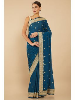 Soch - Women Blue Chiffon Saree with Unstitched Blouse